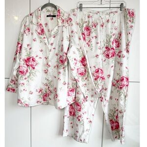 Lauren Ralph Lauren 2 piece Pajama Set Roses White Pink Size 2X Embroidered Logo